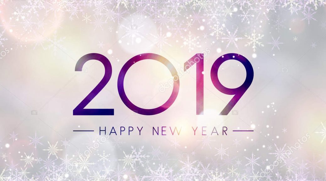 Blurred shiny Happy New Year 2019 banner with snowflakes and bokeh backdrop. Vector background.